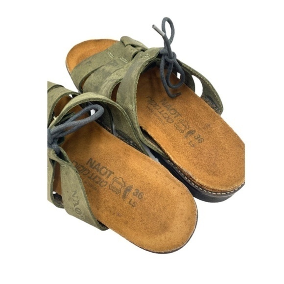 NAOT Olive Green Comfort Cork Slip On Sandals Suede Slides Laced - Picture 4 of 11